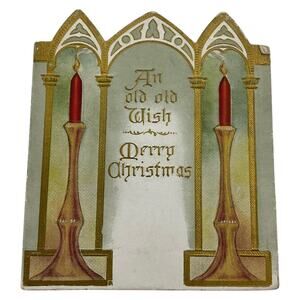 Antique 1925 Die Cut Christmas Card Gold Candles Poinsettia and‎ Greeting